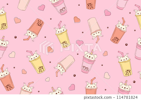 Bubble milk tea funny seamless pattern. Hand drawn kawaii smiled drinks with tapioca pearls. Cute cartoon vector illustration. Colorful background with ice tea characters. 114781824