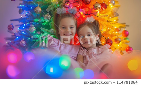Smiling Sisters by Christmas Tree 114781864