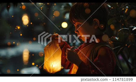 Child Holding Lantern in Moody Evening Setting Child Holding Lantern in Moody Evening Setting 114781899