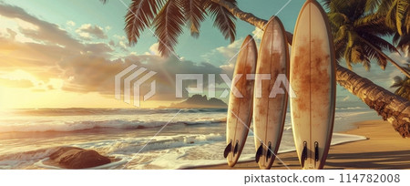 Two Surfboards Resting on Sandy Beach 114782008