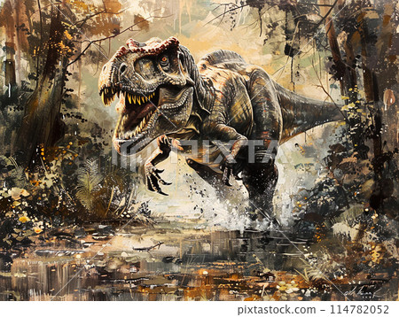 Large Tyrannosaurus, bipedal carnivore powerful Dinosaur in jungle 114782052