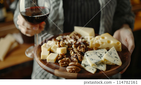 A woman is holding a plate of cheese and nuts alongside a glass of wine 114782161