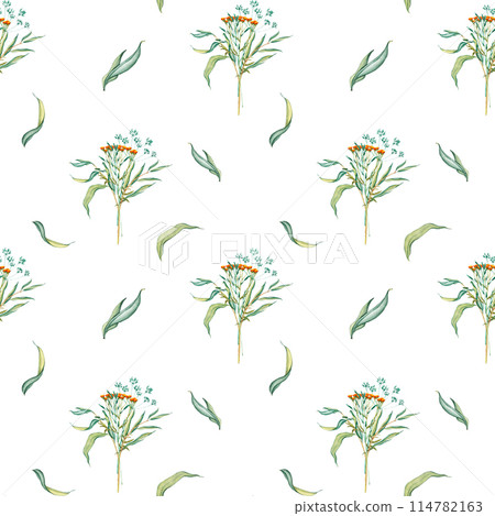 Seamless pattern with bouquet of flowers, meadow leaves and wild dry grass. Vintage wallpaper with evergreen grass field in nature, meadow in springtime. Natural green tones, natural elements 114782163