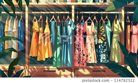 Display of various dresses and shirts hanging on a rack in a trendy womens closet. A creative concept for a designer clothing showroom. Generative AI 114782322