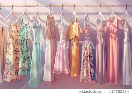 Dresses and shirts hanging on a clothes line in a fashionable womens closet wallpaper. Generative AI 114782364