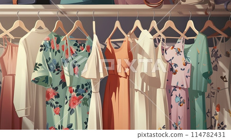 Various dresses of different styles and colors hanging on a rack in a fashion store. Generative AI 114782431