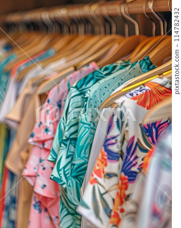 Fashionable womens closet wallpaper with a row of summer dresses and shirts hanging on racks. Generative AI 114782432