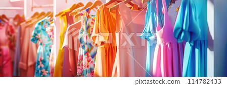 A rack of vibrant dresses displayed on hangers against a wall. Generative AI 114782433