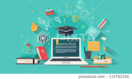 A graduation cap sits atop a laptop, symbolizing EdTech, online education, training, and e-learning for personal development and professional qualifications. Generative AI 114782508