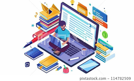 A person is sitting on a laptop computer, emphasizing online education, distance learning, and e-learning webinar concepts. Generative AI A person is sitting on a laptop computer, emphasizing online education, distance learning, and e-learning webinar concepts. Generative AI 114782509