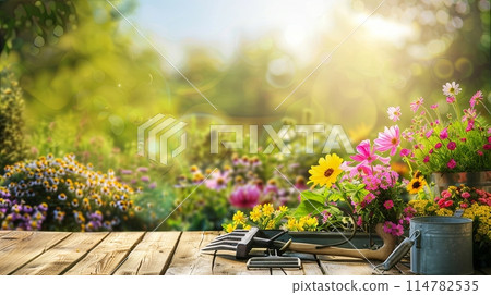 A wooden table displaying a watering can filled with colorful flowers, surrounded by garden tools, against a blurred natural backdrop. Generative AI A wooden table displaying a watering can filled with colorful flowers, surrounded by garden tools, against a blurred natural backdrop. Generative AI 114782535