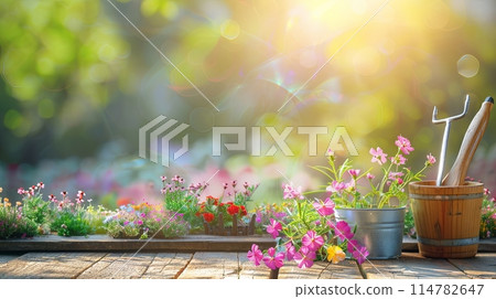 A wooden table adorned with vibrant flowers and various gardening tools, set against a blurred natural backdrop. Generative AI A wooden table adorned with vibrant flowers and various gardening tools, set against a blurred natural backdrop. Generative AI 114782647