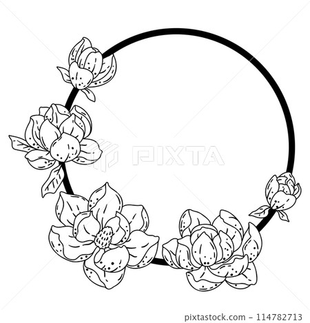 Frame with magnolia flowers. Beautiful decorative plants. 114782713