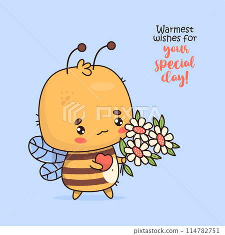 Funny bee with heart and bouquet of flowers. Cute cartoon insect kawaii character. Vector illustration. Cool holiday card. Kids collection 114782751