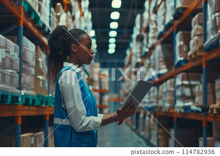 Female worker in blue vest using tablet in warehouse aisle for inventory management Female worker in blue vest using tablet in warehouse aisle for inventory management 114782936
