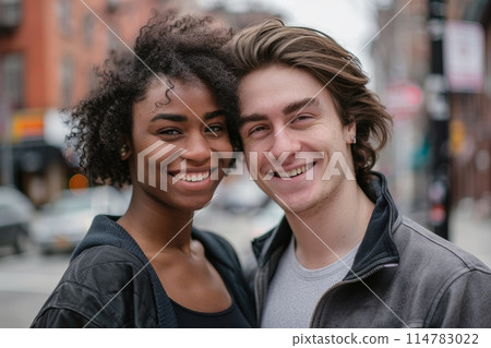 Happy young couple embracing and smiling on a city street 114783022