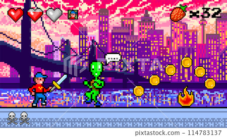 Pixel Modern city. The game character collects coins. Passing levels and number of lives. art 8 bit Pixel Modern city. The game character collects coins. Passing levels and number of lives. art 8 bit 114783137