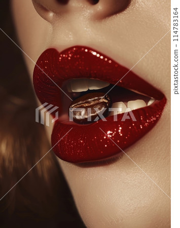 Close-up of glamorous red lips holding a coffee bean with elegance and sensuality 114783164
