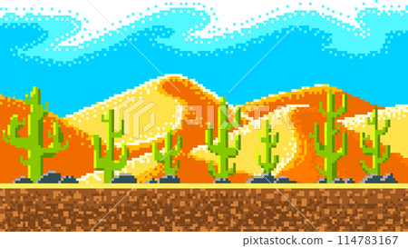 Cacti and mountains in the desert. Pixel art 8 bit objects. landscape background for the application Cacti and mountains in the desert. Pixel art 8 bit objects. landscape background for the application 114783167