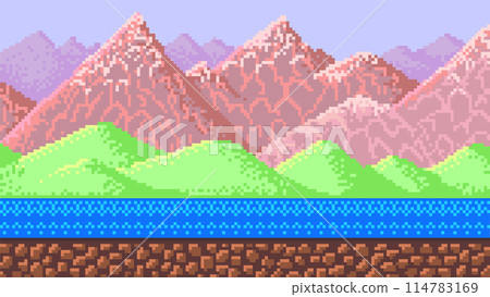 Mountains. Pixel art 8 bit objects. landscape background for the application or a website. Retro Mountains. Pixel art 8 bit objects. landscape background for the application or a website. Retro 114783169