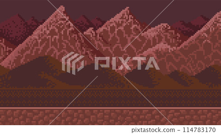Mountains. Pixel art 8 bit objects. landscape background for the application or a website. Retro Mountains. Pixel art 8 bit objects. landscape background for the application or a website. Retro 114783170