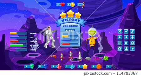 Space game kit, set buttons for games and app, UI. Spaceman kit constructor in cartoon style Space game kit, set buttons for games and app, UI. Spaceman kit constructor in cartoon style 114783367