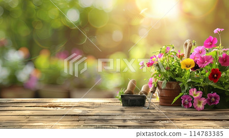 Colorful flowers in a potted plant on a wooden table, surrounded by garden tools, against a blurred natural background. Generative AI 114783385