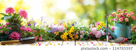 Colorful flowers arranged on a wooden table with garden tools, against a blurred natural background. Generative AI 114783397
