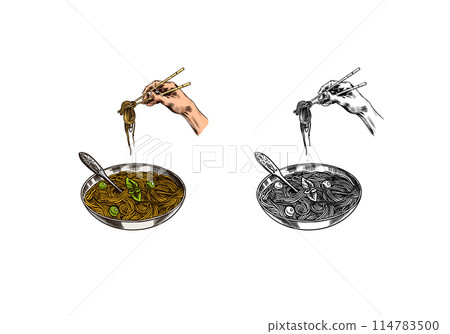 Hand holding chopsticks with noodles. Japanese Asian traditional ramen. Drawn engraved sketch for Hand holding chopsticks with noodles. Japanese Asian traditional ramen. Drawn engraved sketch for 114783500