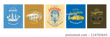 Tee print set. Transport, butterfly, buffalo, ship, submarine, maize, plane, hot air balloon 114783643