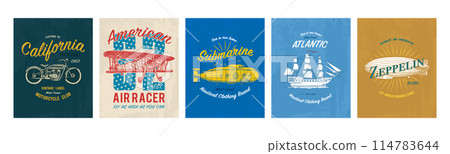 Tee print set. Transport, butterfly, buffalo, ship, submarine, maize, plane, hot air balloon 114783644