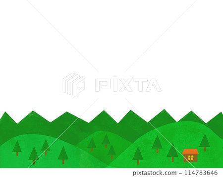 Landscape of green mountains and houses lined up 114783646