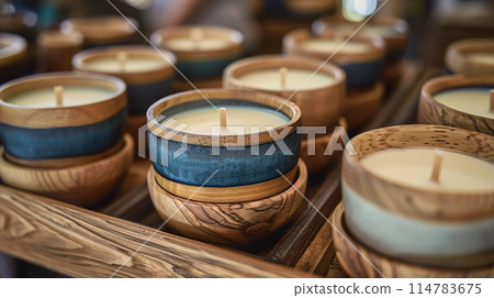 Handcrafted wooden bowl candles displayed in rows, various shades and patterns on a wooden shelf 114783675