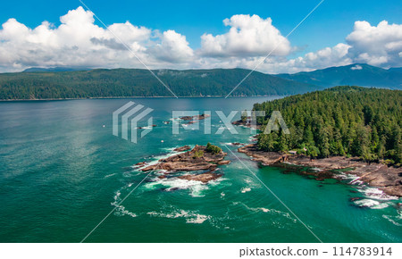 Aerial View of the West Coast of Pacific Ocean. Sunny Cloudy Day. 114783914