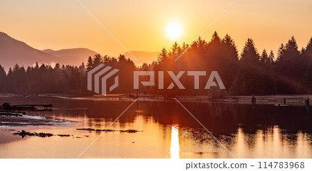 River in Canadian Nature with Mountains at Sunrise. River in Canadian Nature with Mountains at Sunrise. 114783968
