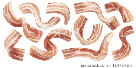 Raw pork belly slices isolated on white background with clipping path, full depth of field Raw pork belly slices isolated on white background with clipping path, full depth of field 114784165