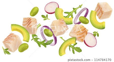 Falling poke ingredients, traditional Hawaiian raw fish salad isolated on white background with clipping path 114784170