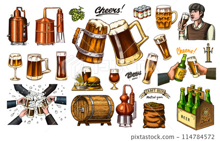 Beer classical wooden barrels, Distilled alcohol. Hop, malt. Cheers toast. Glass mugs with drink 114784572