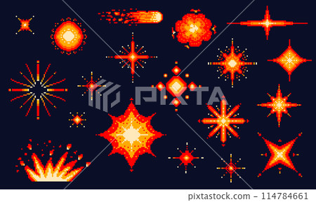 Pixel art explosions. game icons set. Comic boom flame effects for emotion. 8-Bit Vector. Bang burst 114784661