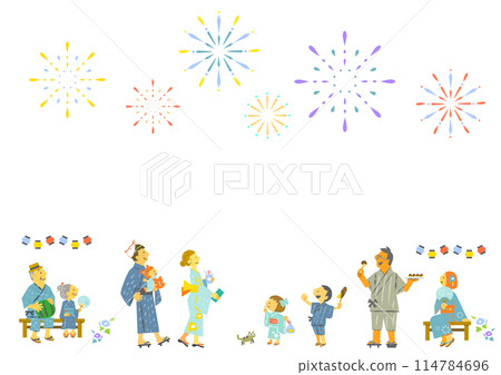 色彩繽紛、有趣的插圖，展示了人們在夏季節日抬頭仰望煙火的情景 114784696