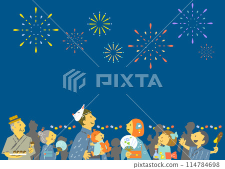 色彩繽紛、有趣的插圖，展示了人們在夏季節日抬頭仰望煙火的情景 114784698