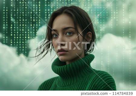 Woman with blue eyes and brown hair wearing a green sweater. 114784839