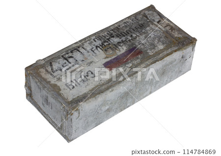 Soviet army box of 14.5mm ammunition. Text in russian - "When shooting, lubricate the cartridge case" and type of ammunition, projectile caliber, projectile type. Soviet army box of 14.5mm ammunition. Text in russian - "When shooting, lubricate the cartridge case" and type of ammunition, projectile caliber, projectile type. 114784869