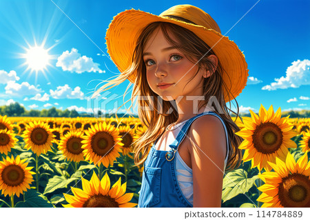 Girl with straw hat and blue overalls standing in sunflower field. 114784889