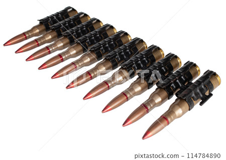 Ammunition belt with cartridges for heavy machine gun isolated on white. 114784890