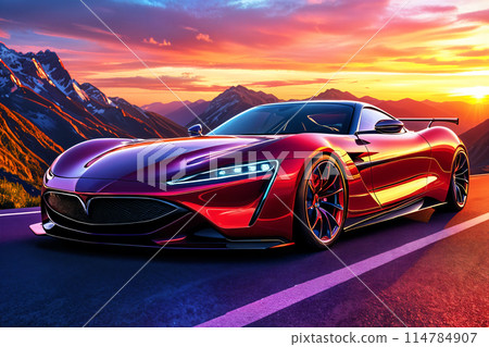 Red sports car on road at sunset. 114784907