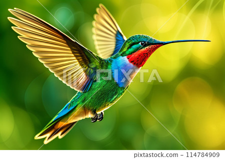A colorful hummingbird flying through the air. 114784909