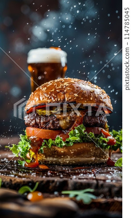 Hamburger and beer on table classic staple food pairing Hamburger and beer on table classic staple food pairing 114785045