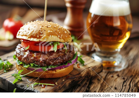 Hamburger and beer on table classic staple food pairing Hamburger and beer on table classic staple food pairing 114785049