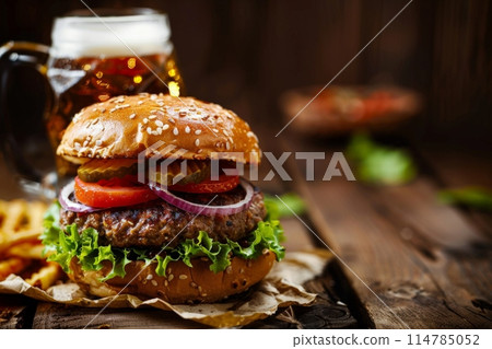 Hamburger and beer on table classic staple food pairing Hamburger and beer on table classic staple food pairing 114785052
